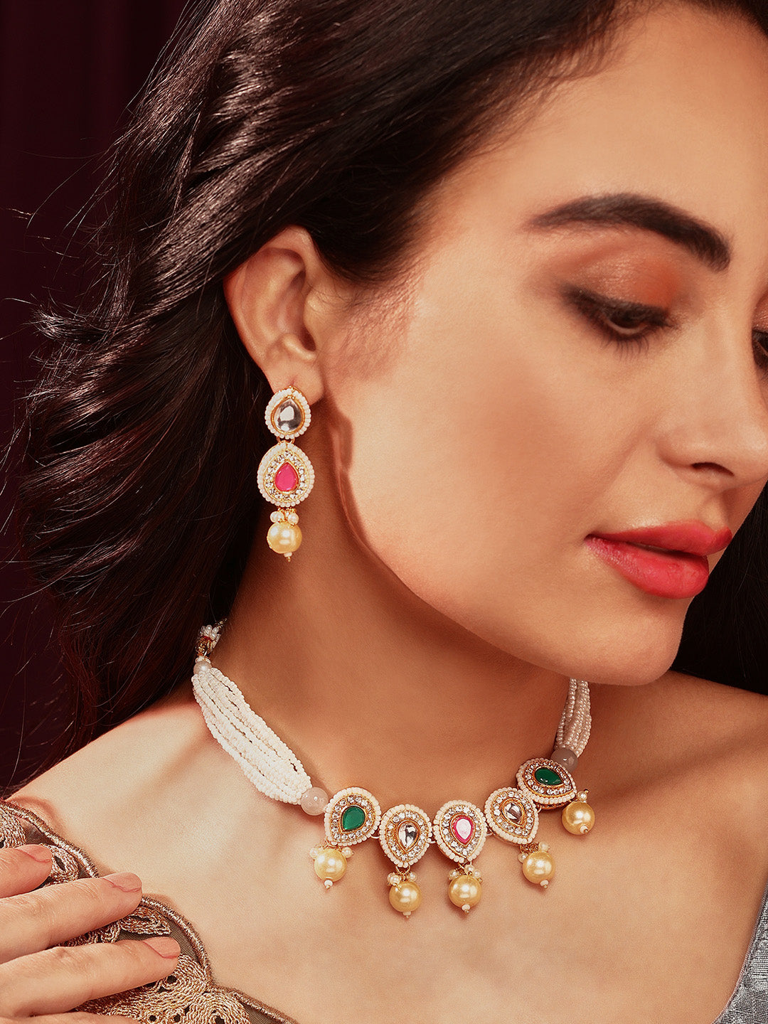 Priyaasi Multicolor Stoned Pearl GOld Plated Choker Necklace with Drop Style Earrings Jewellery Set
