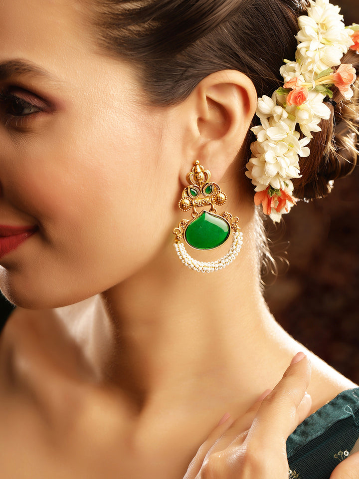 Priyaasi Gold Plated Green Temple Chandbali Earrings