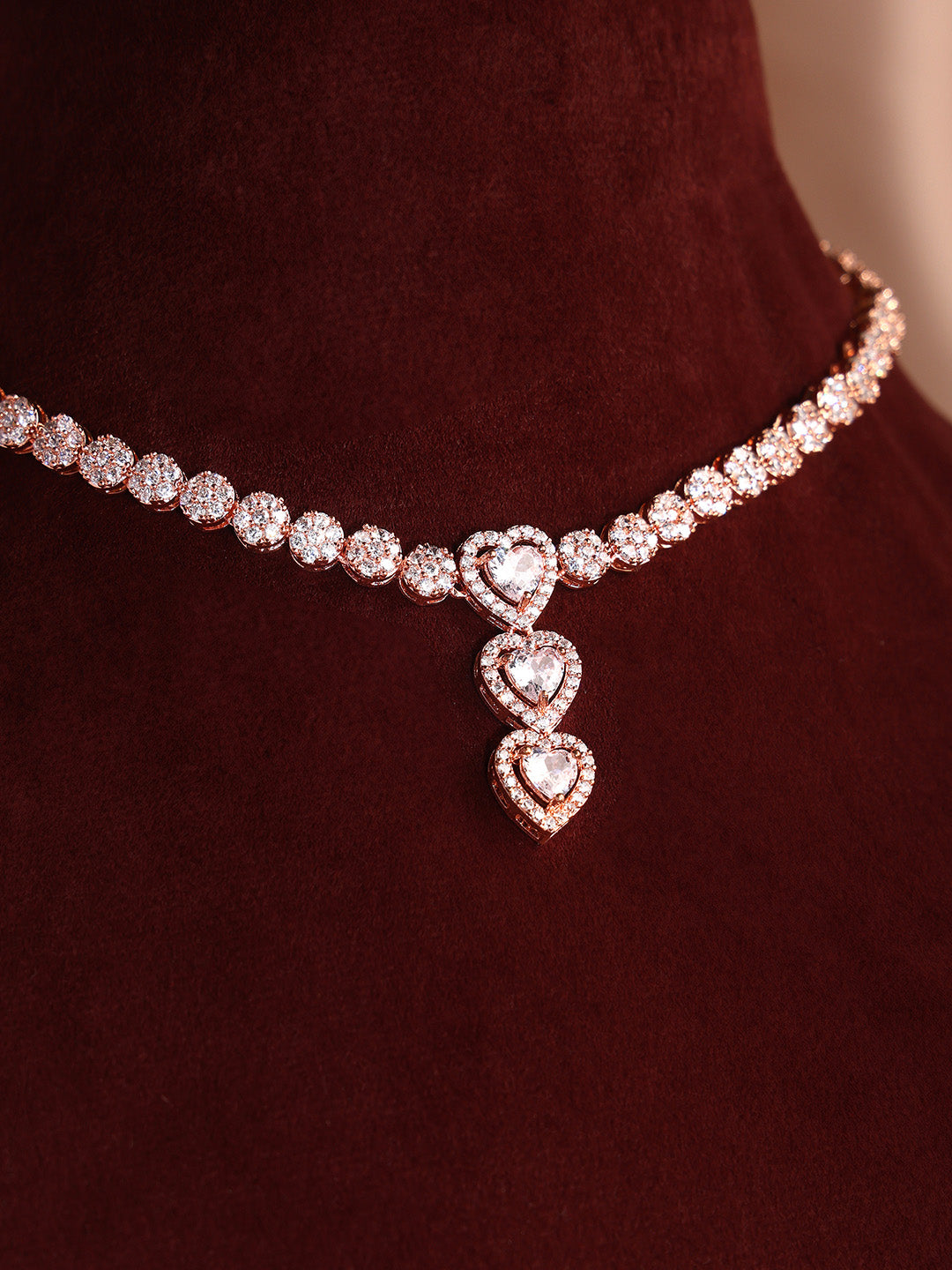Priyaasi Lovely Love Shaped American Diamond Rose Gold Jewellery Set