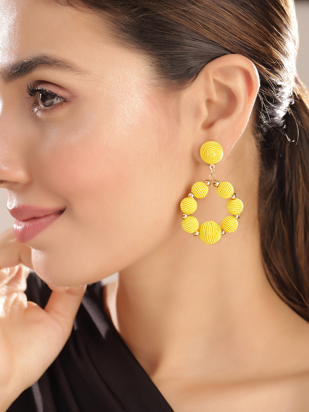 Priyaasi Gold Plated Yellow Beaded Drop Earrings