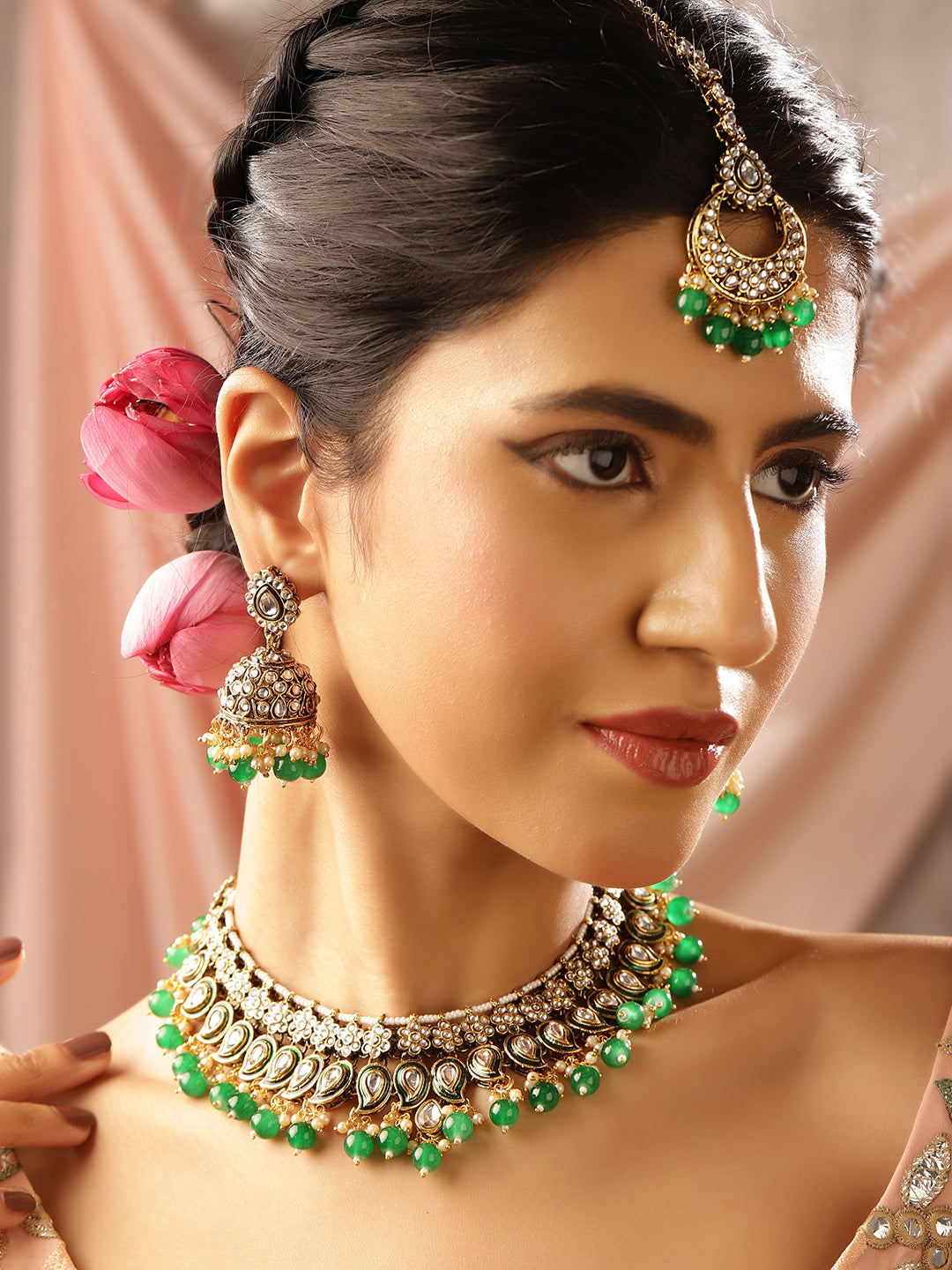 Green Beads Floral Kundan Gold Plated Necklace Jhumkis and Maangtika Jewellery Set