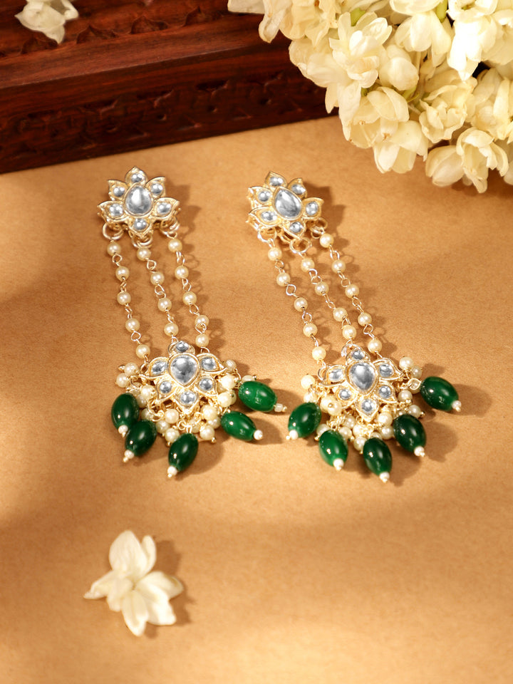 Priyaasi Floral Design Fresh Water Pearl Tassels Green beads Gold Plated Dangler earrings
