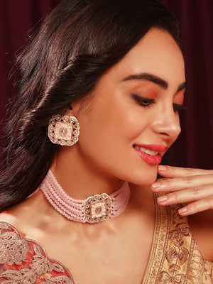 Priyaasi Plain Pink Meenakari Kundan Choker Design with Stud Earrings Jewellery Set
