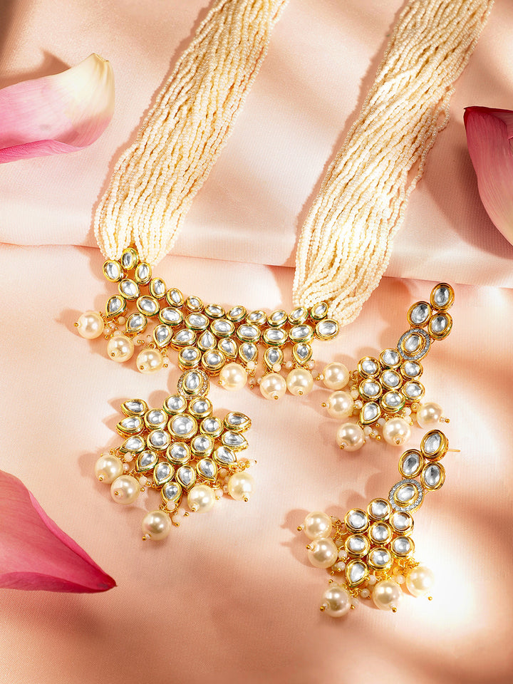 Priyaasi Fresh Water Pearl Kundan White Necklace with Kundan Floral Earring Gold Plated Jewellery Set