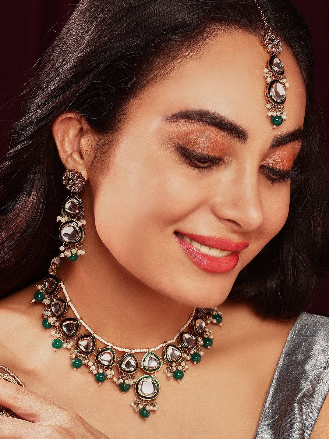 Priyaasi Green Bead Drop Shape Kundan Design Necklace Floral mini Pearls with maangtika Jewellery Set