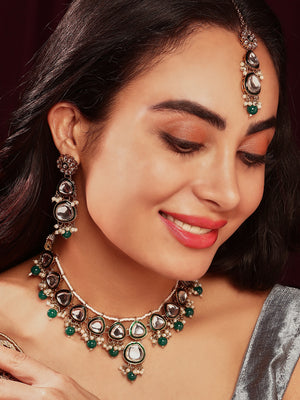 Priyaasi Green Bead Drop Shape Kundan Design Necklace Floral mini Pearls with maangtika Jewellery Set