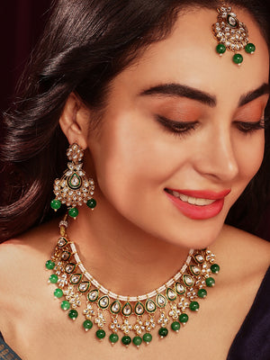 Priyaasi Magnificent Kundan Green Beads Necklace Chandbali Style Earrings with Elegant Maangtika