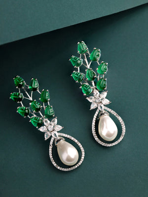 Priyaasi Leafy Green Stone White American Diamond Floral Pearl Drop Earrings