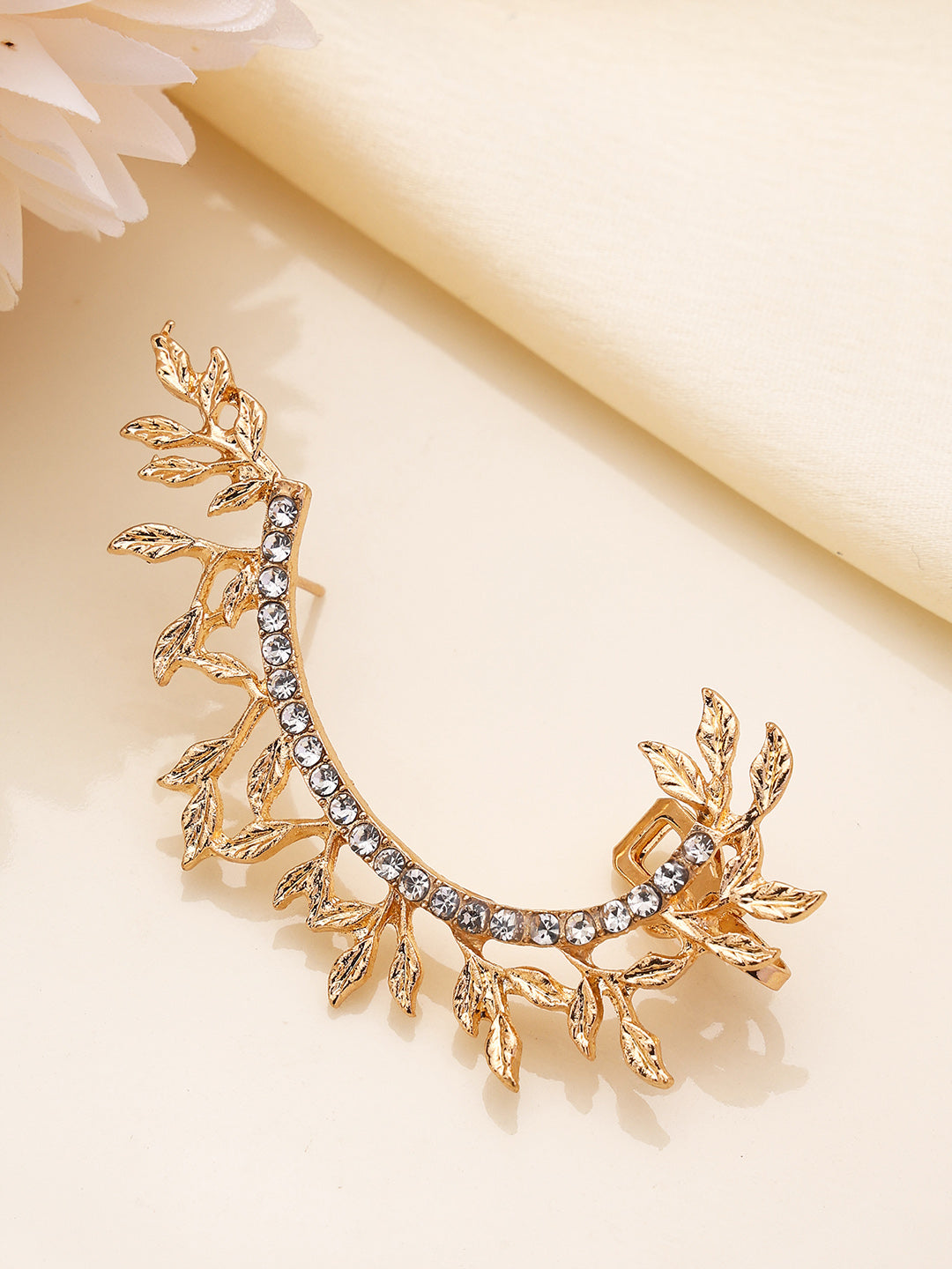 Priyaasi Gold Plated White Stones Leaves shape Ear Cuff Earrings