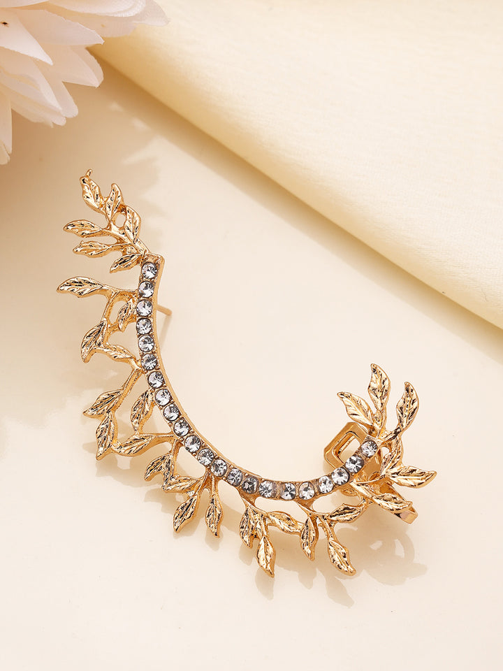 Priyaasi Gold Plated White Stones Leaves shape Ear Cuff Earrings