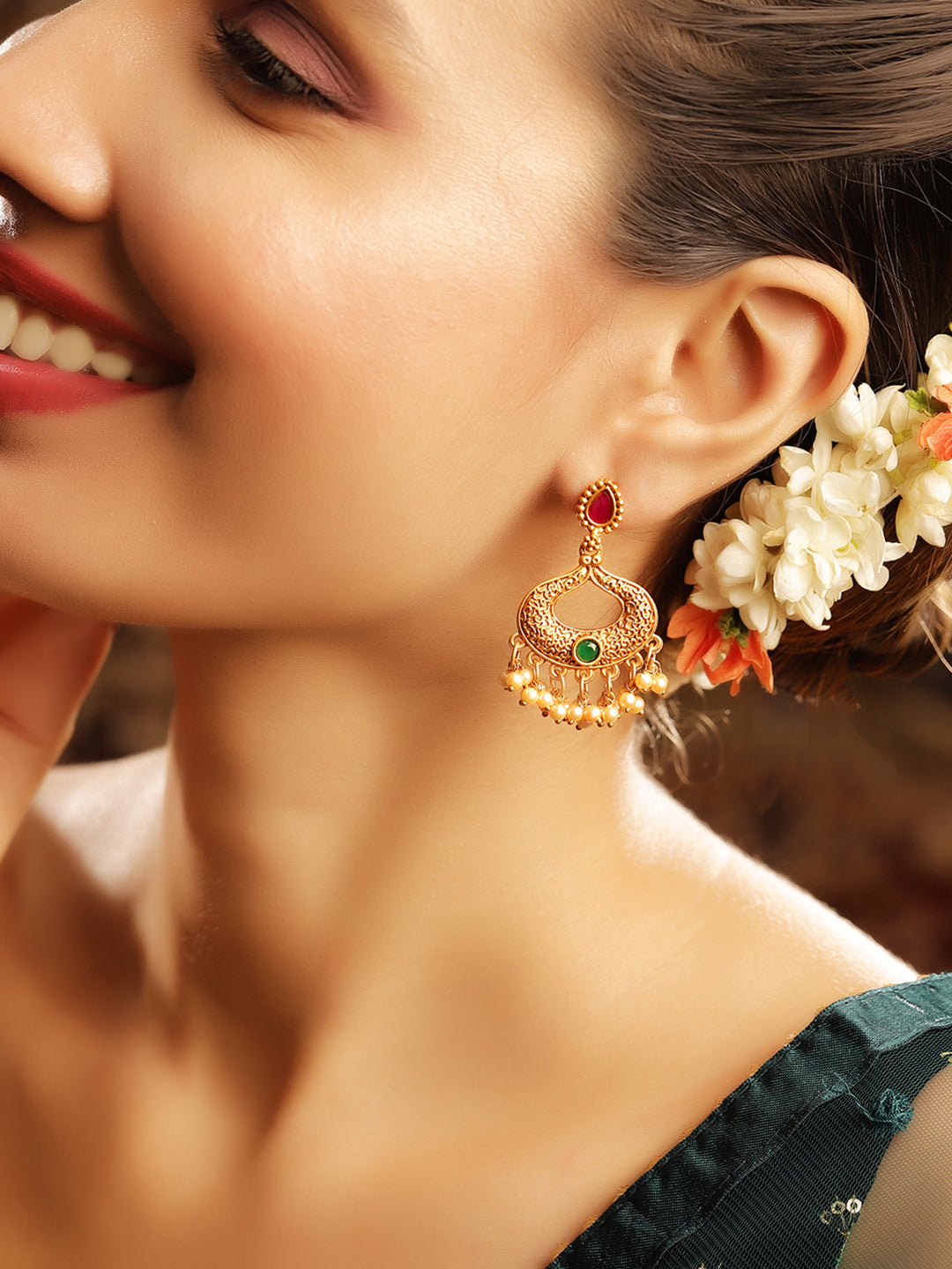 Priyaasi Gold Plated Temple Chandbali Earrings