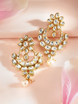 Priyaasi Floral Kundan Fresh Water PearlChandbali Gold Plated Push back earrings