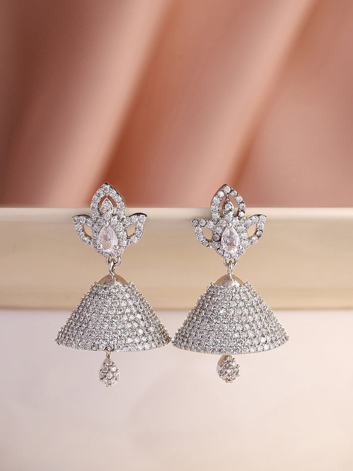 Priyaasi Blooming Flower Style AD Silver Plating Mini Jhumkis Earrings