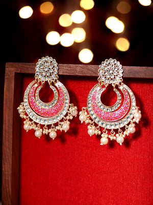 Priyaasi Pink Meenakari design Kundan Fresh Water Pearl Chandbali Style gold plated earrings