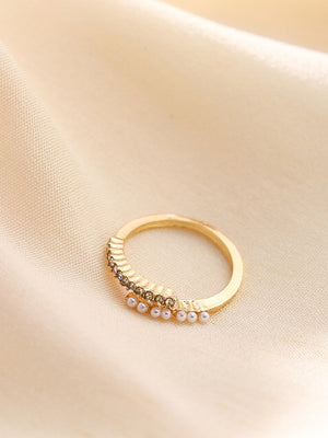 Priyaasi White Stone and Pearl Studded Adjustable Gold Plated Ring