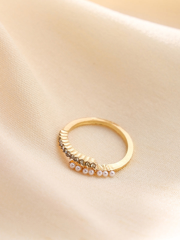 Priyaasi White Stone and Pearl Studded Adjustable Gold Plated Ring