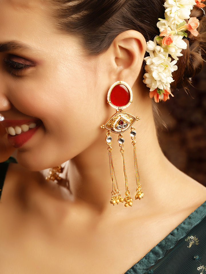 Priyaasi Gold Plated Red Kundan Dangle Earrings