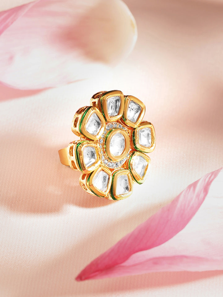 Priyaasi floral kundan design gold plated adjustable ring