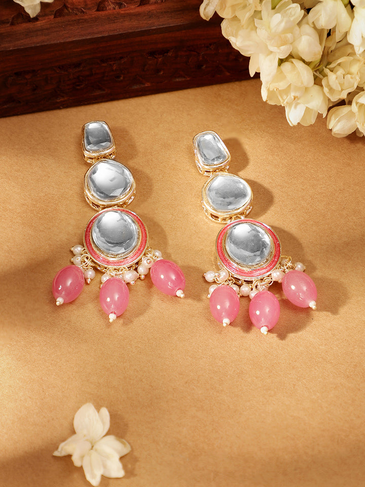 Priyaasi Drop design Kundan Gold Plated Pink beads Drop Earrings
