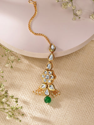 Priyaasi Mini Flower Shape kundan Gold Plated Green bead Maangtika