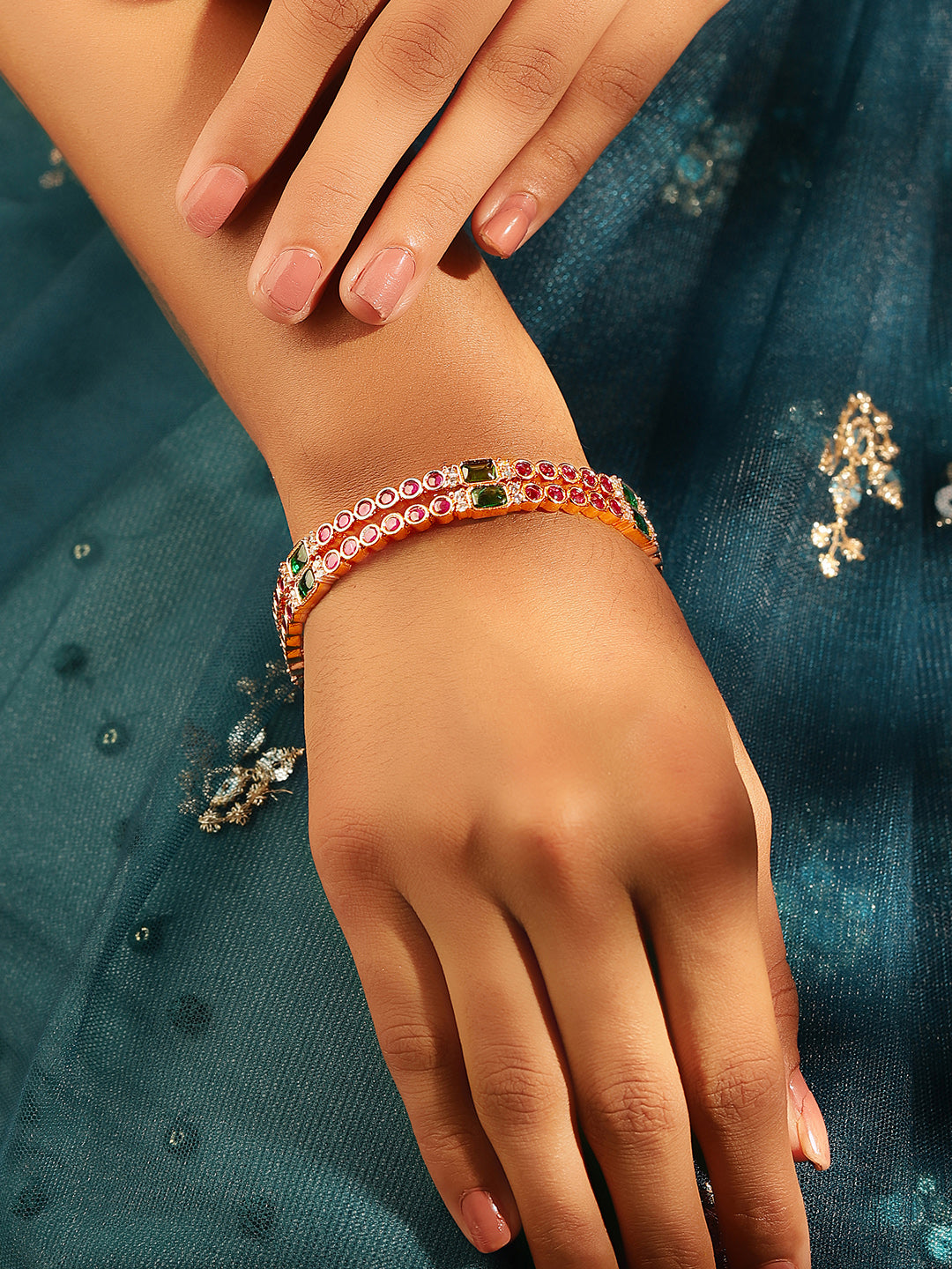 Priyaasi Gold Plated Multi-Color Ruby-Emarld American Diamond Bangles