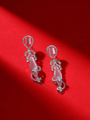 Priyaasi Pink AD Stones Floral Design Silver Plating Drop Earrings