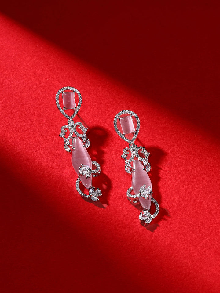 Priyaasi Pink AD Stones Floral Design Silver Plating Drop Earrings