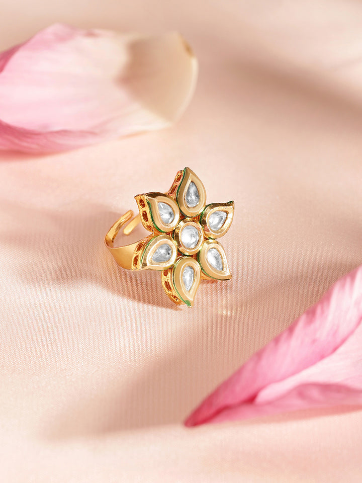 Priyaasi Blossom Look Floral design kundan gold plated simple adjustable ring