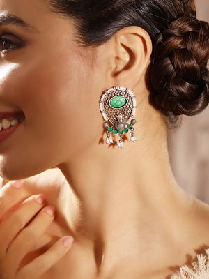 Priyaasi Silver Plated Green Oxidized Drop Earrings