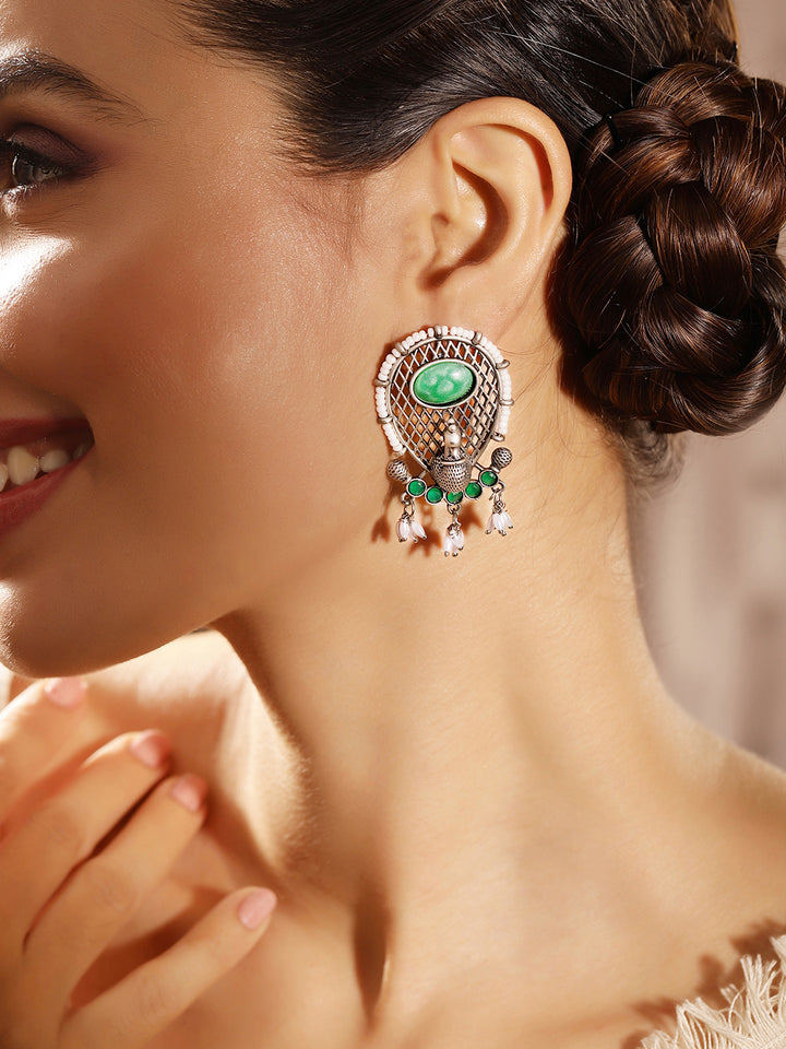 Priyaasi Silver Plated Green Oxidized Drop Earrings