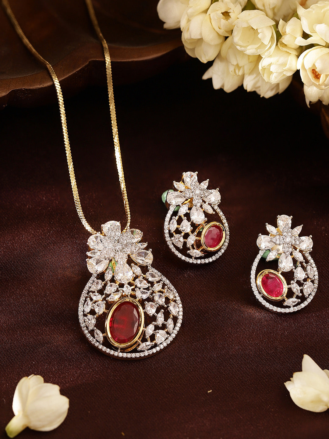 Red Stoned Floral Pattern American Diamond Pendant Stud Earrings Jewellery Set