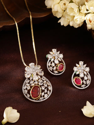 Red Stoned Floral Pattern American Diamond Pendant Stud Earrings Jewellery Set