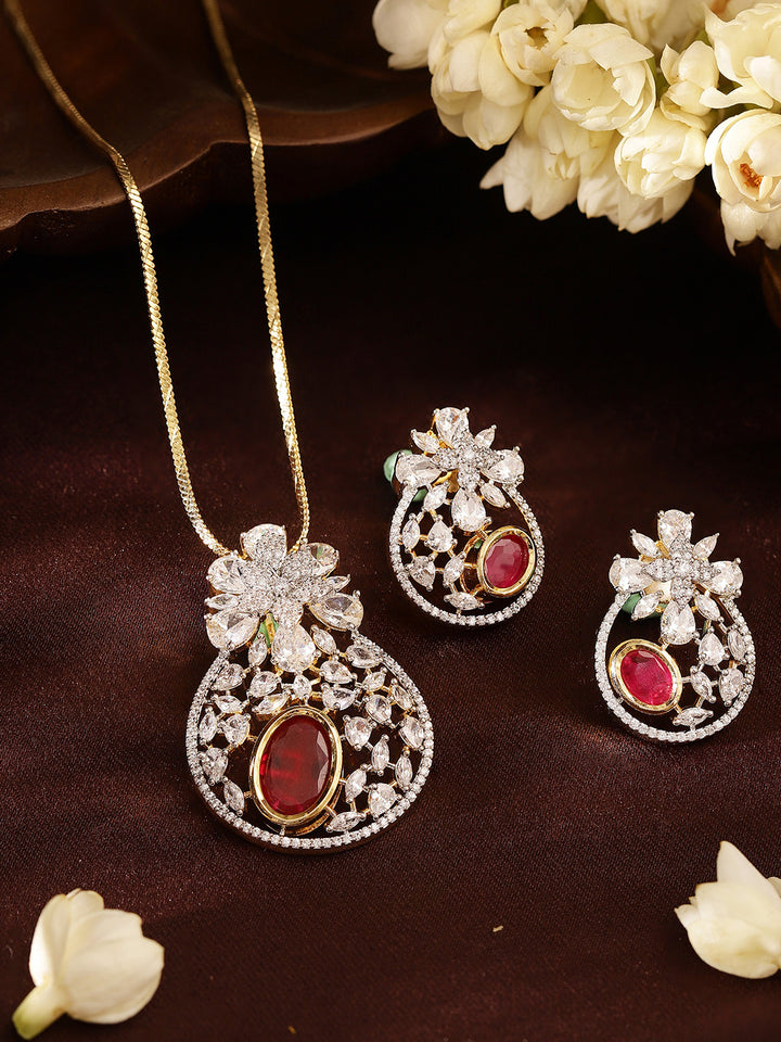 Red Stoned Floral Pattern American Diamond Pendant Stud Earrings Jewellery Set