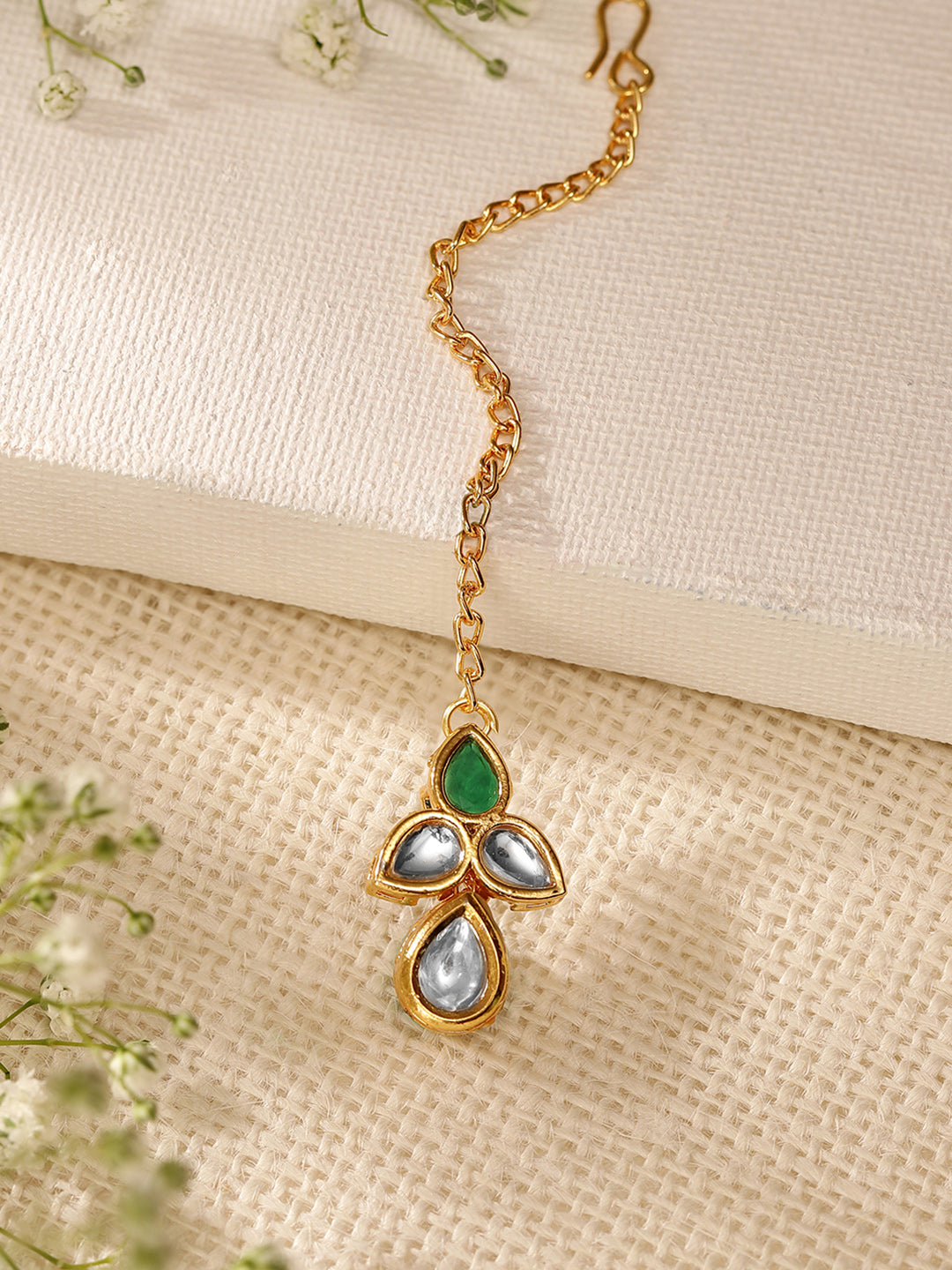 Priyaasi Green Kundan Leaf Design Gold Plated Maangtika
