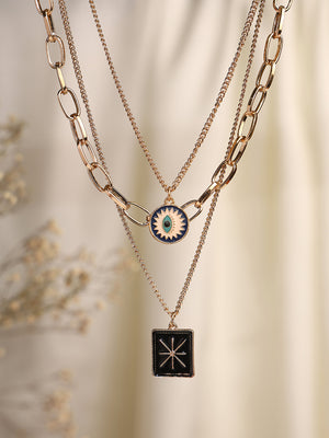 Priyaasi Star Square Evil Eye Three Layered Gold Plated Necklace