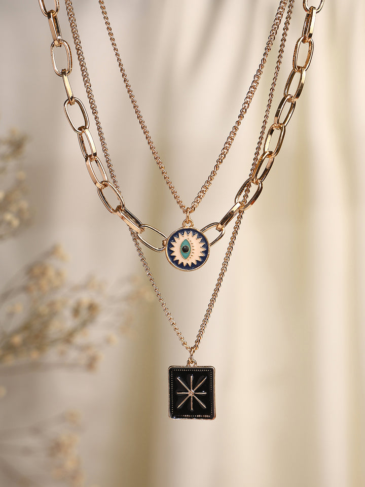 Priyaasi Star Square Evil Eye Three Layered Gold Plated Necklace