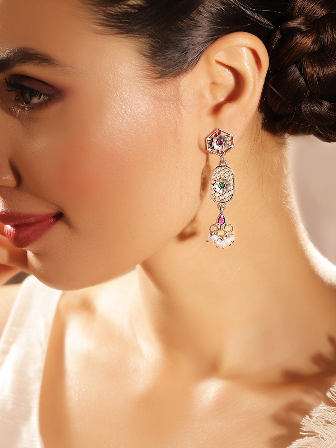 Priyaasi Silver Plated Oxidized Drop Earrings
