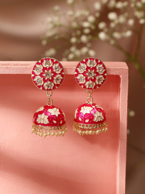 Priyaasi Pink Meenakari Kundan Floral Design Jhumiki Gold Plated Earrings