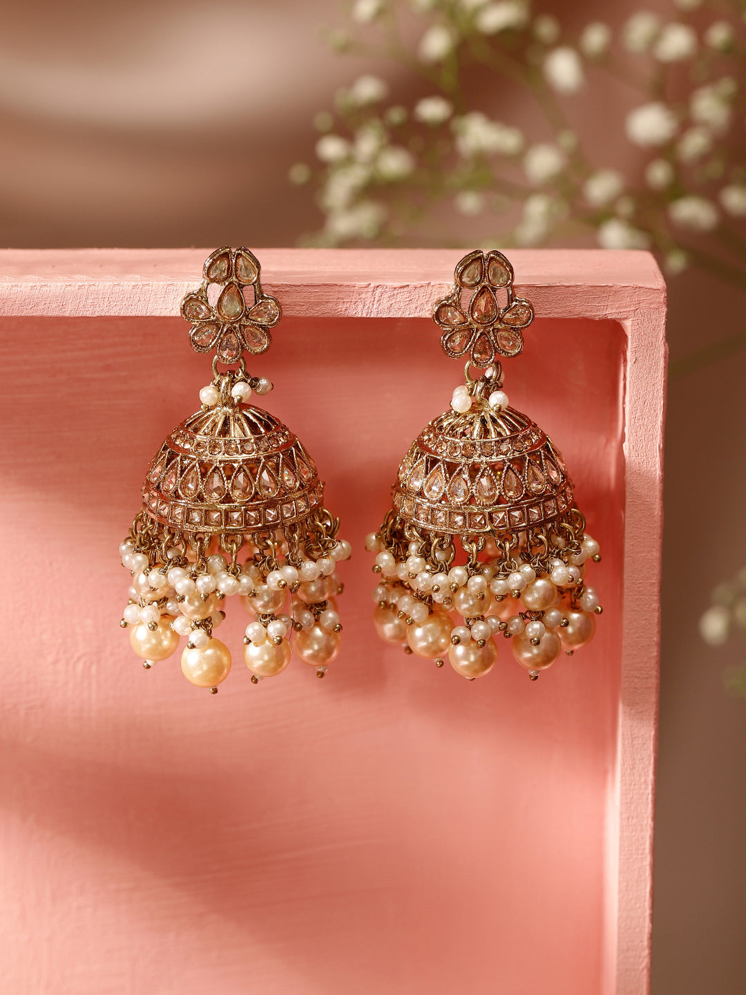Priyaasi Floral Design Kundan Mini Fresh Water Pearls Gold Plated Jhumka Earrings