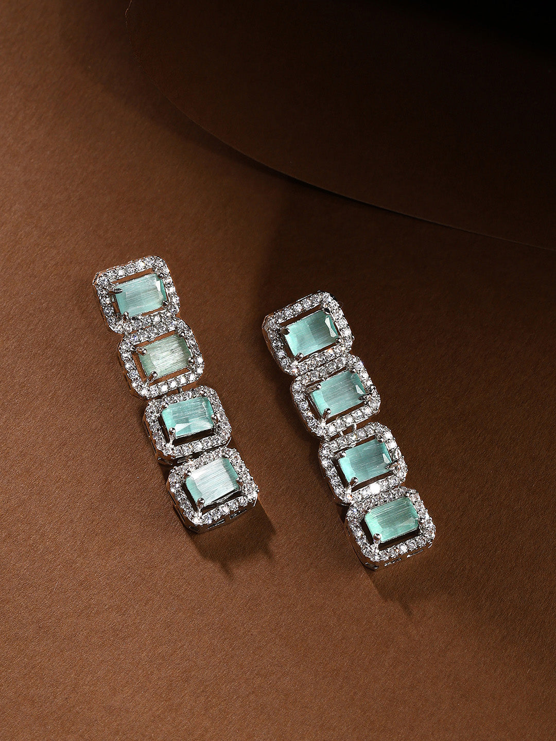 Priyaasi AD Geometrical Elegance Unveiled Silver Plated Mint Stone Stud Earrings