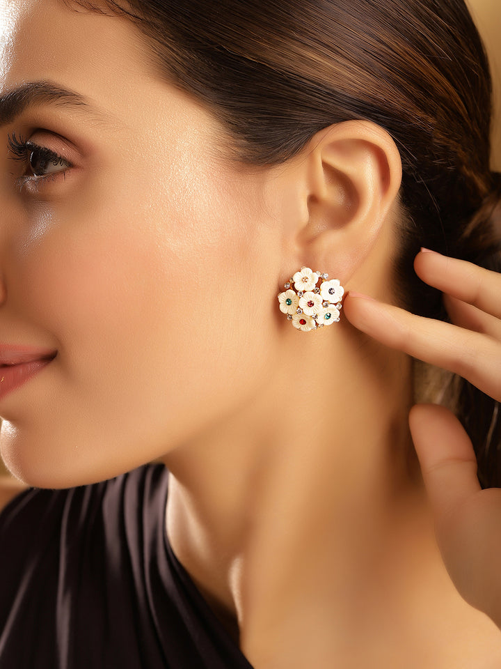 Priyaasi Gold Plated White Floral Stud Earrings