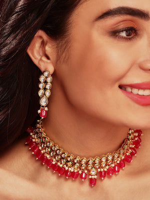 Priyaasi Plain Red Beads Kundan Gold Plated Design with Kundan Earrings Jewellery Set