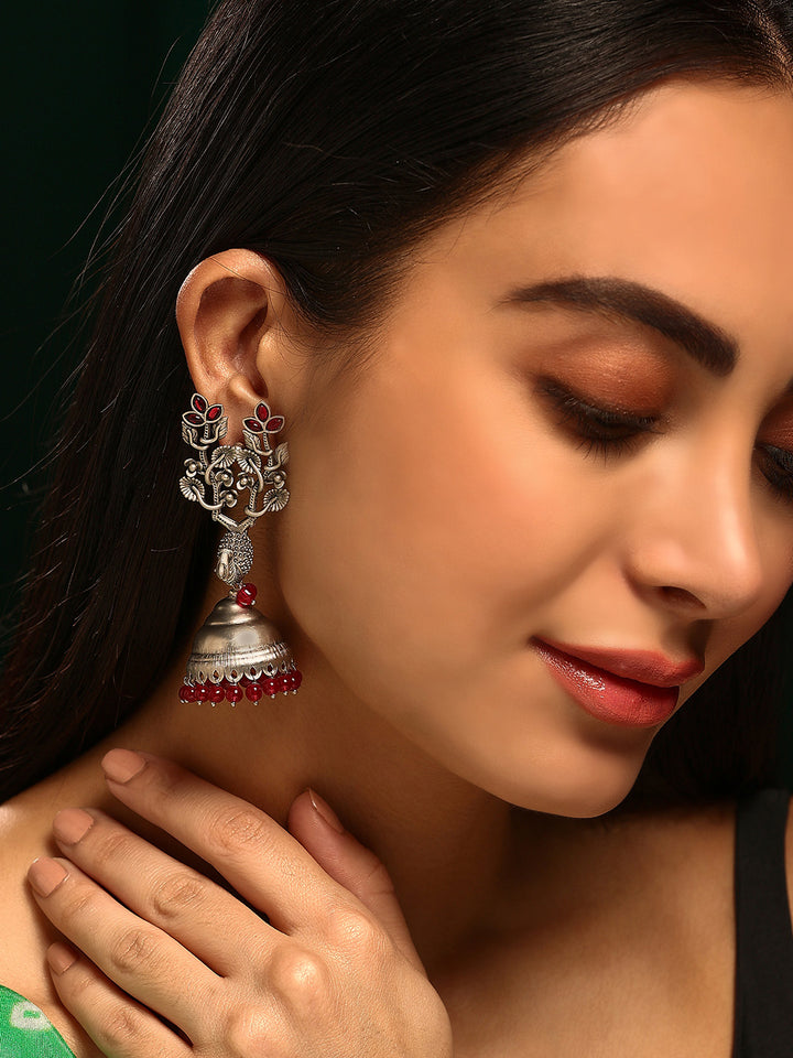 Priyaasi Silver Plated Red Ruby Oxidized Jhumka Earrings