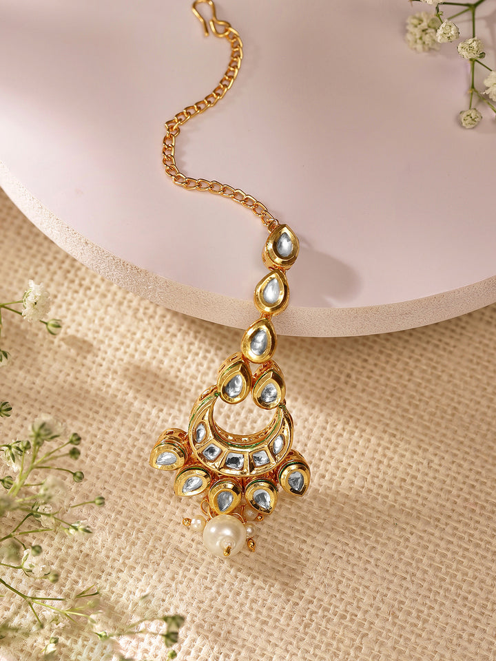 Priyaasi Elegant Kundan Fresh Water Pearl Chandbali pattern Gold plated maangtika