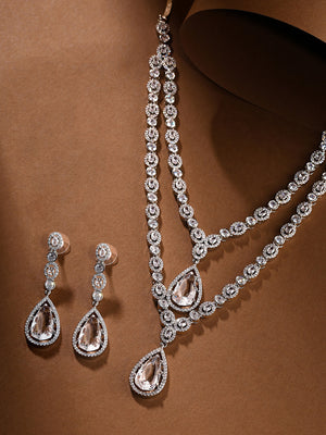 Priyaasi Geometrical AD Two layered Transparent Stone Pendant Necklace with Drop Earrings Silver Plated Jewellery Set