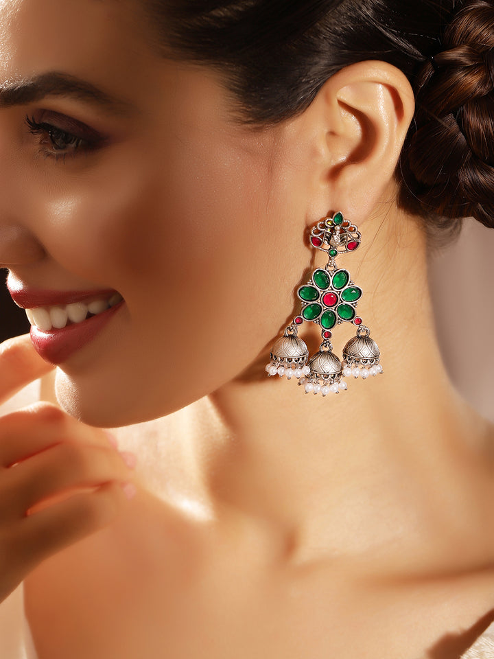 Priyaasi Silver Plated Green Oxidized Drop Earrings