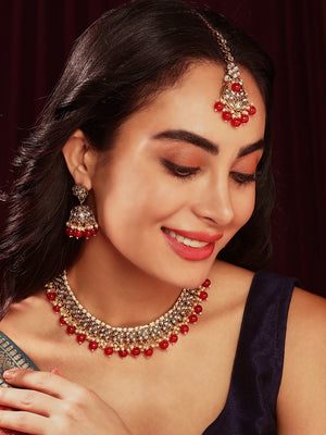 Priyaasi Floral Design Red Beads Necklace Jhumki Earrings Gold Plated Maangtika Jewellery Set