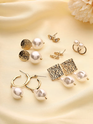 Priyaasi Hammered-Style Fresh Water Pearl Studs Drops Combo Earrings