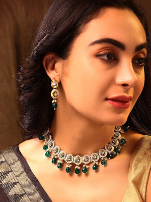 Priyaasi Green Drop Temple Elegance Necklace with Floral Drop Earrings Jewellery Set