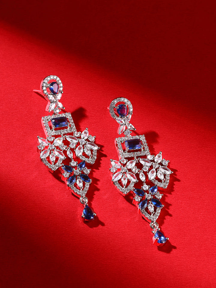 Priyaasi Blue Stones AD Floral Elegance Silver Plating Drop Earrings